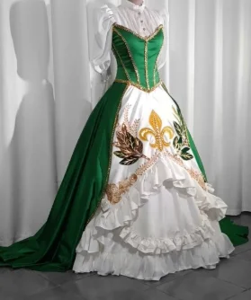 Vestido de gala verde no manequim, criação autoral do atelier